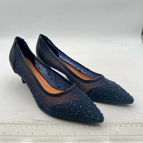 XYD Navy Pointed Toe Slip On Mesh Pumps Rhinestone Studs Kitten Heels Shoes - Picture 4 of 8